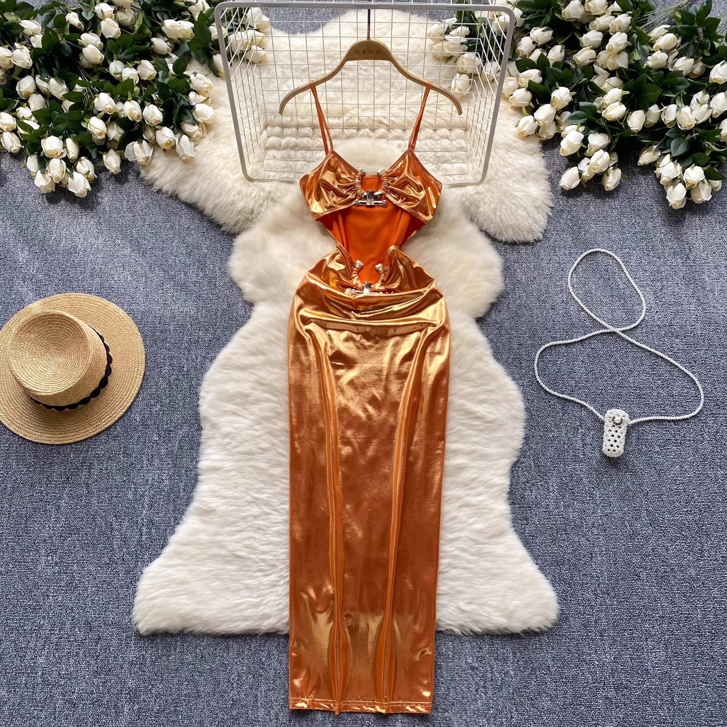 Sexy Cutout Metal Buckle Sling Dress Orange - Shop at LoveMi