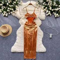 Sexy Cutout Metal Buckle Sling Dress - Orange - View 1