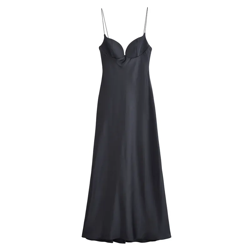Women's Fashion Vacation Style Silk Texture Dress Long - Black