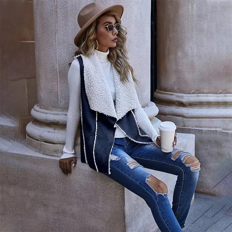 Sleeveless Simple Reverse Large Lapel Coat Suede Vest - Dark Blue