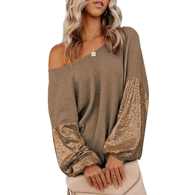 Women's Fashion Personalized Sequins Knitted Long Sleeve Sweater Brown - Shop at LoveMi