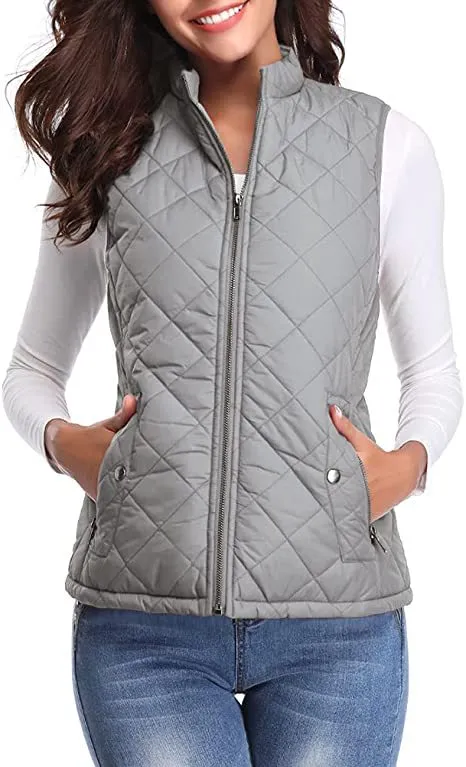Women's Cotton Vest Stand Collar Zipper Pocket Warm - Light Grey