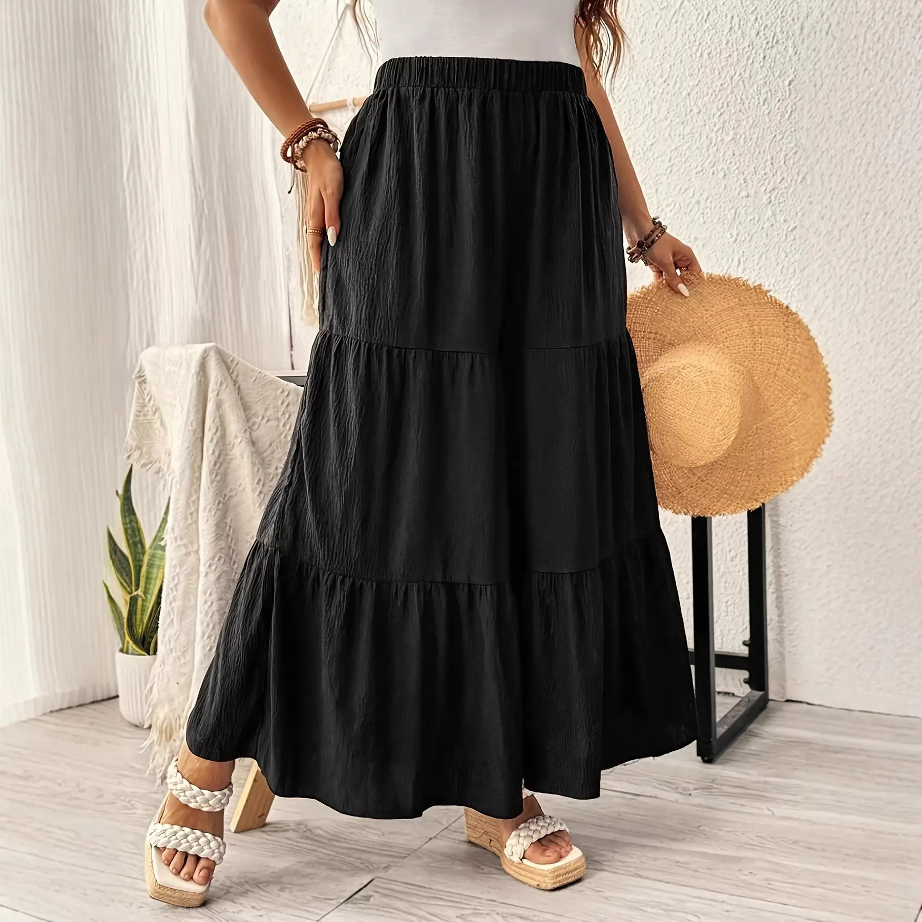 Casual Relaxed-fit Pleated Wide-leg Layered Cake Pants