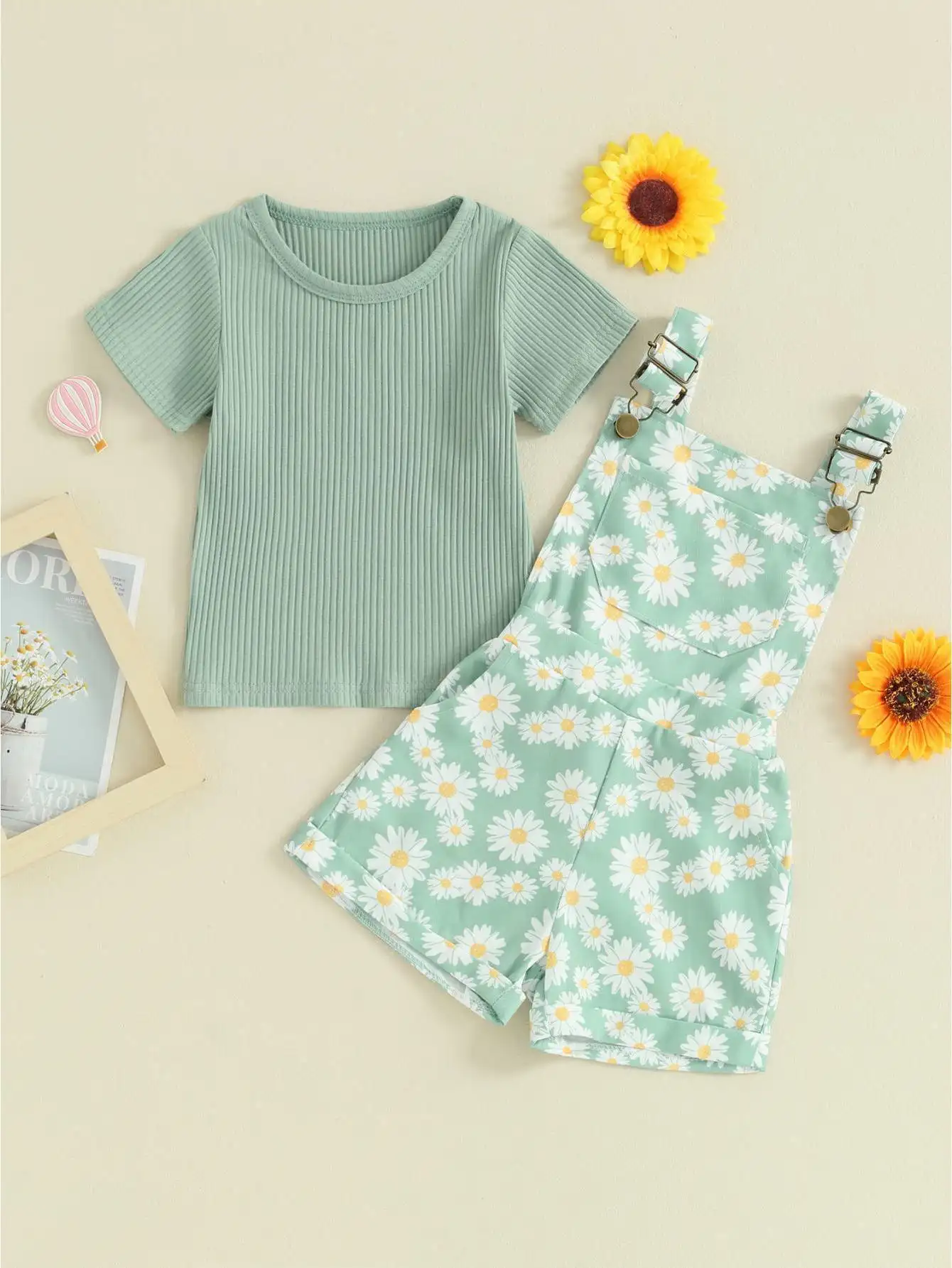Toddler Girl Shorts Outfit Solid Color Ribbed Short Sleeve