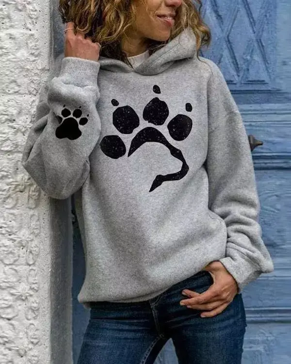 Europe And America Cross Border Women's Clothing Bear Claw Printed Casual Long Sleeve Pullover Loose Autumn And Winter Fleece Hooded Sweater