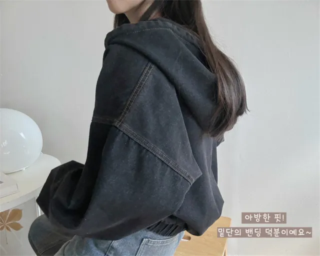 Casual Cool Girl Retro Hooded Drawstring Windproof Denim Jacket Coat Black - Shop at LoveMi