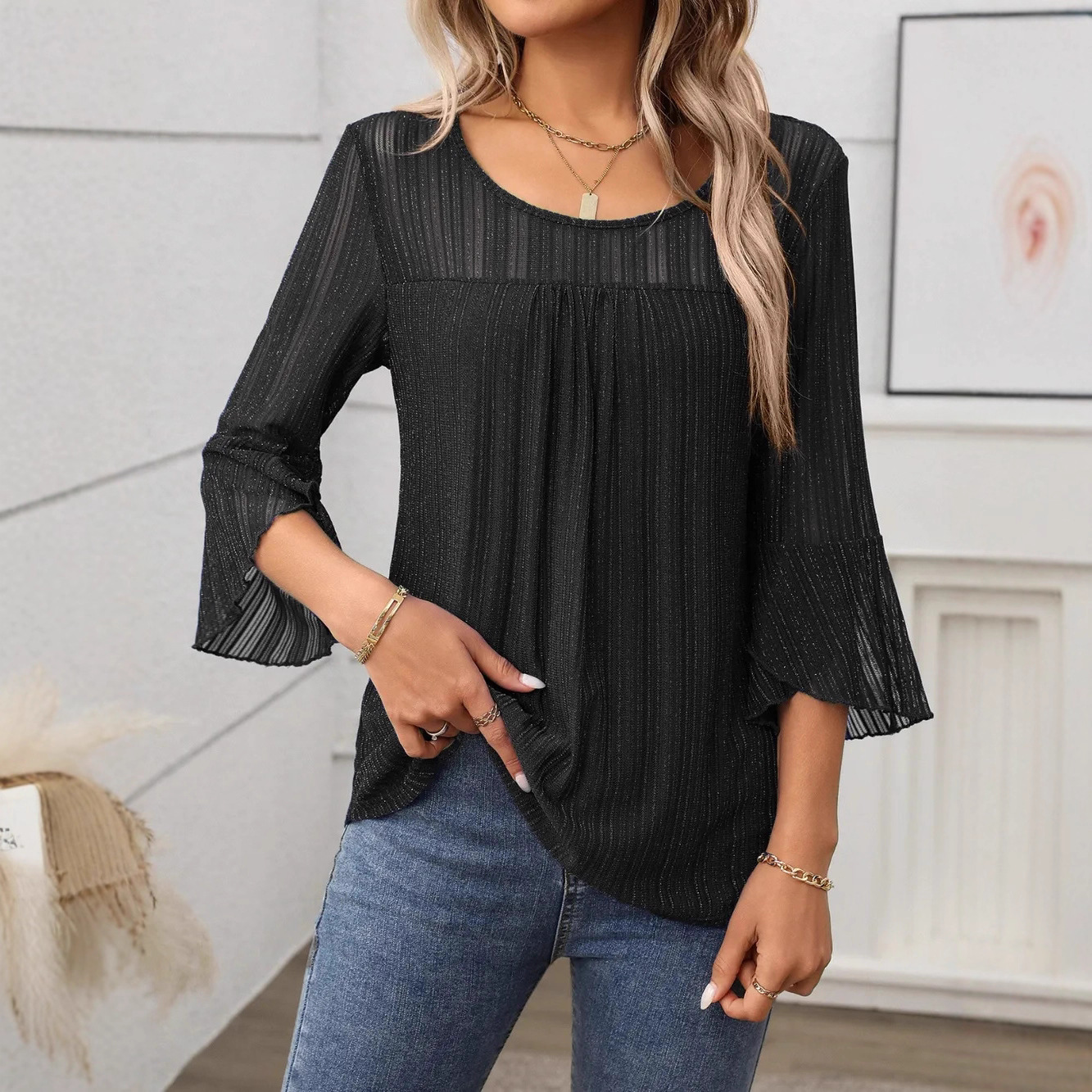 Cross-Border Black Elegant Loose Top With See-Through Long Sleeves And A Round Neck