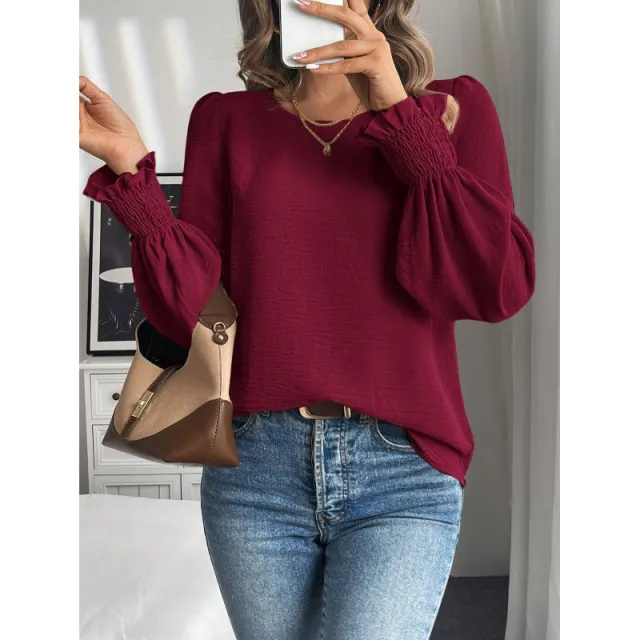 Casual Round Neck Solid Color Lantern Sleeve Shirt For Women Red - Shop at LoveMi