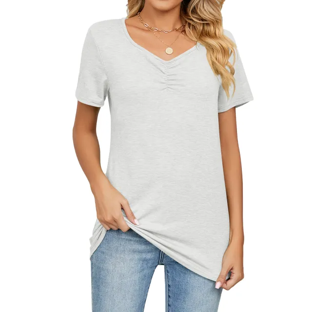 Women's Fashion V neck Pleated Casual Solid Color Loose T shirt White - Shop at LoveMi