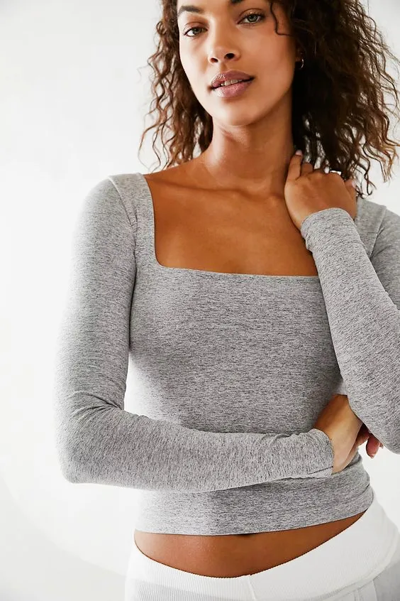 Women's Clothes Long Sleeve T shirt Solid Color Bare Midriff Short Square Collar Top Gray - Shop at LoveMi