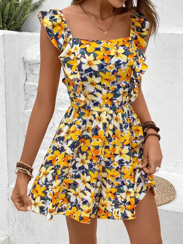 Sleeveless Square Collar Printed Elastic Waist Back Jumpsuit Yellow - Shop at LoveMi