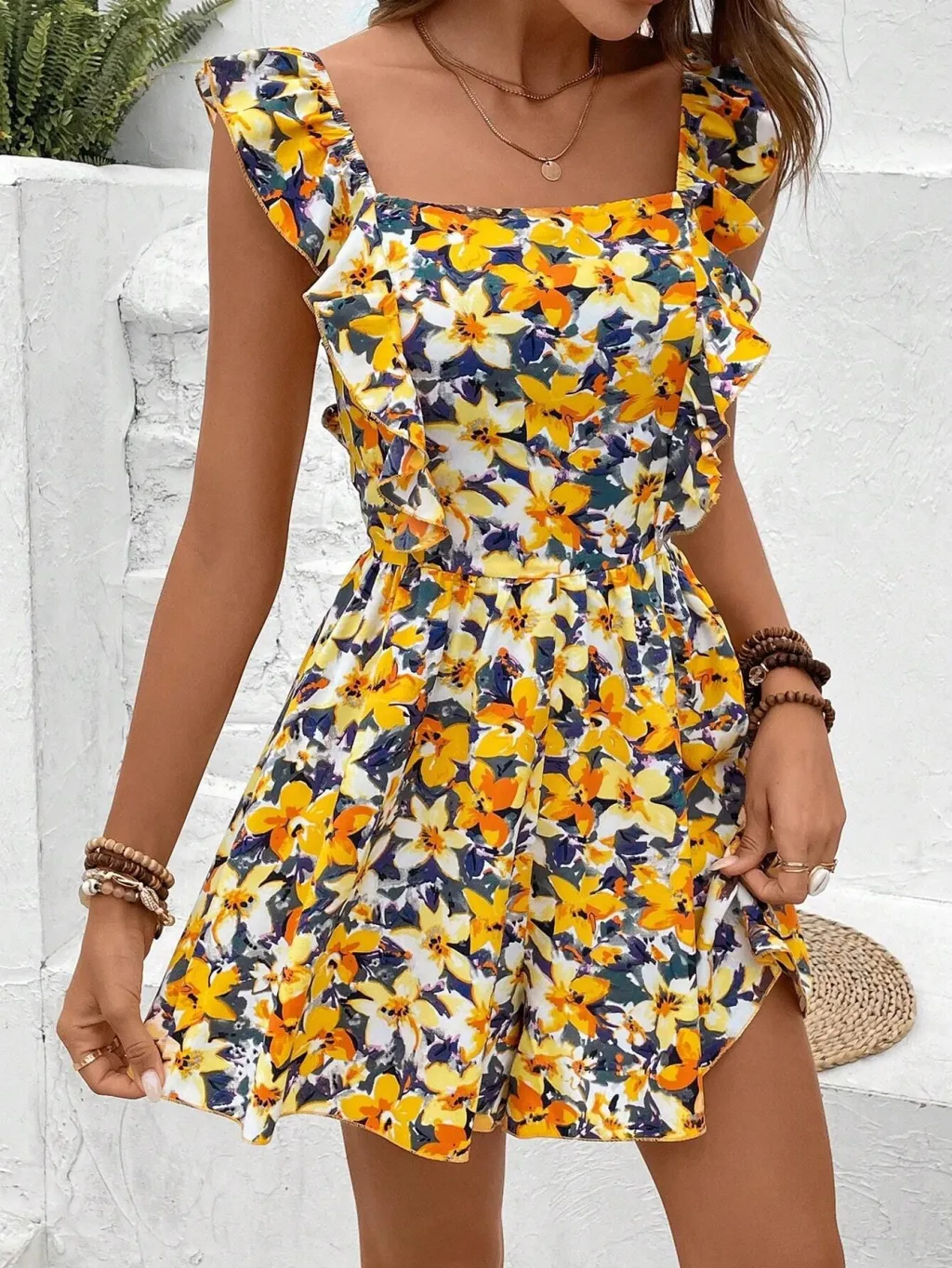 Sleeveless Square Collar Printed Elastic Waist Back Jumpsuit - Yellow