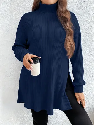 Women's Arrival Irregular Slit Turtleneck Plus Size Sweater Top Dark Blue - Shop at LoveMi