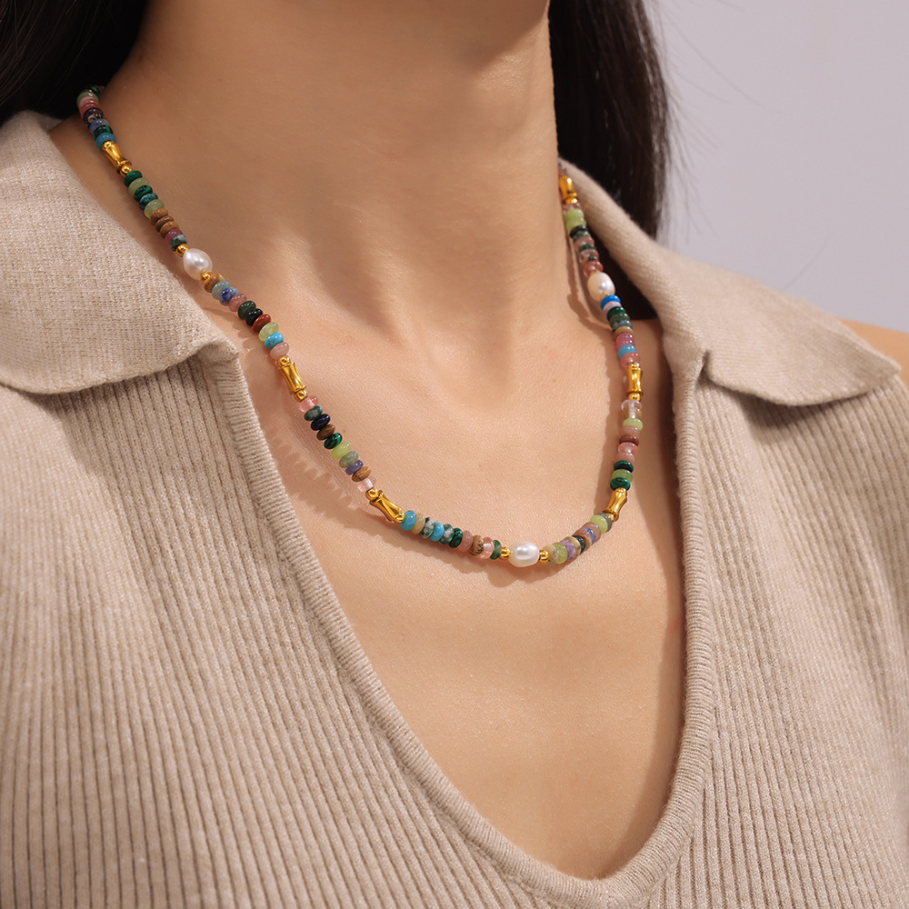 Bohemian Style Dopamine Freshwater Pearl Natural Stone Beaded Necklace