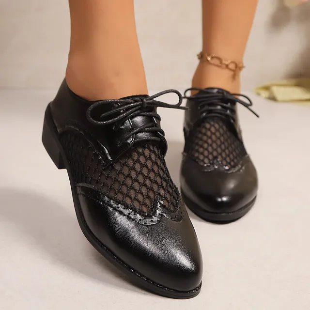 Retro Soft Leather Low Heel Brogue Lace up Flat Pointed Pumps Black - Shop at LoveMi