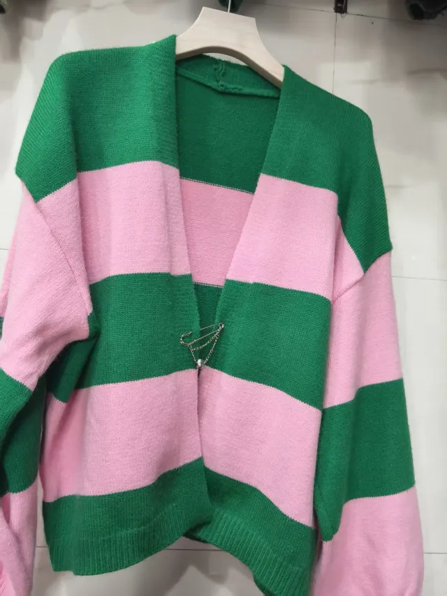 European And American Style Contrast Color Striped Cardigan Women's Loose Long Sleeve Sweater Coat Pink - Shop at LoveMi