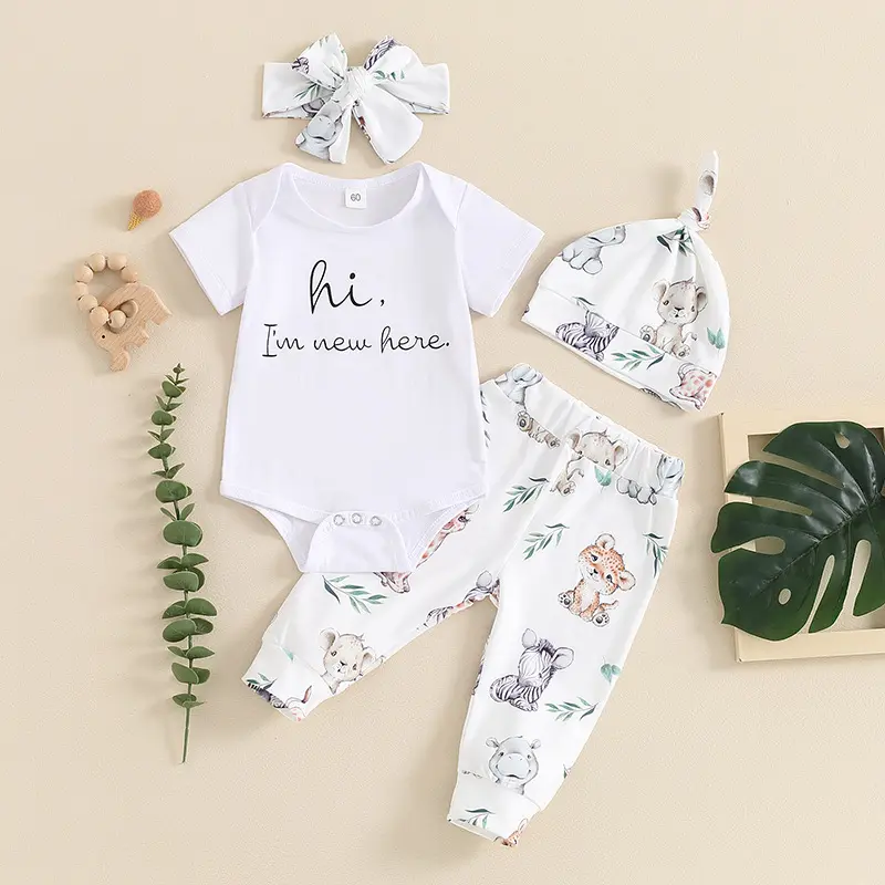 Letter-print Short-sleeve Romper Long Pants Hat