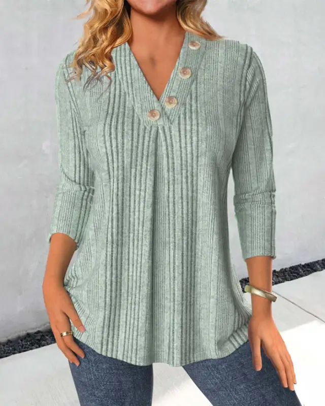 Women's Clothing V neck Buttons Stitching Long Sleeve T shirt 1Color M - Shop at LoveMi