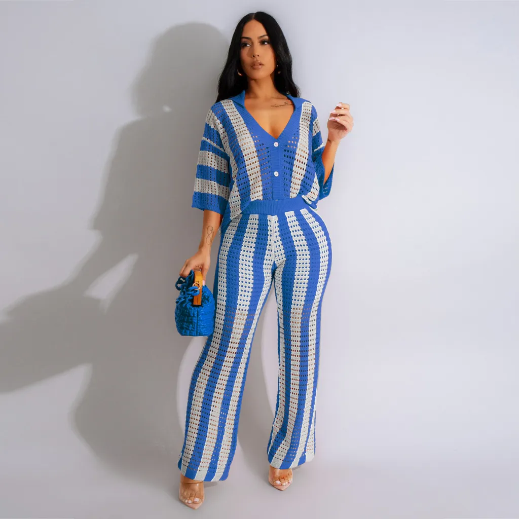 Women's Sexy V-neck Hollow Striped Lapel Knitted Width Blouse And Pants - Blue