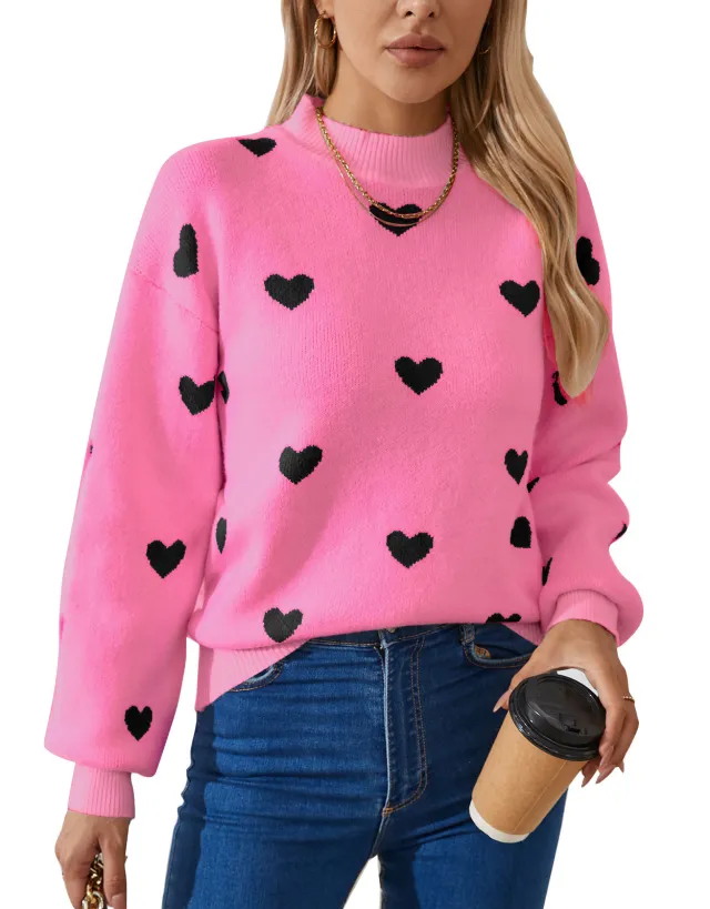 Autumn And Winter New Love Brocade Sweater Women Pink Black - Shop at LoveMi
