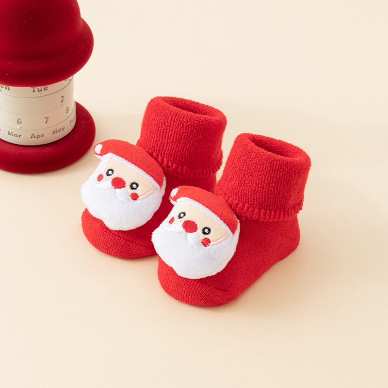 Babys Cozy Fleece-lined Thickened Pure-cotton Red Floor Socks For Fall And Winter