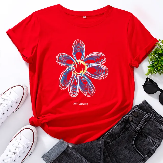 European And American Cotton Loose Round Neck Creative Flower Short Sleeve Red - Shop at LoveMi