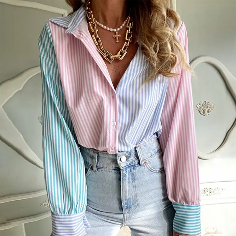 Womens Striped Printed Single-Breasted Long-Sleeve Shirt