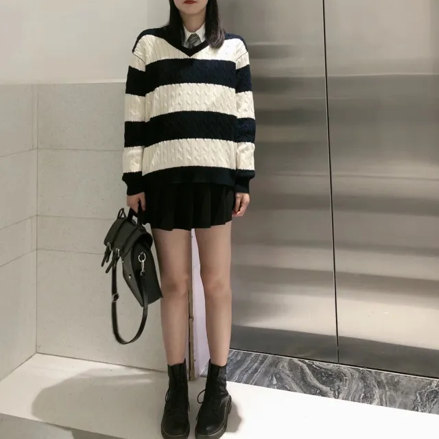 European And American Striped Cable knit Sweater V neck Loose Sweater For Women Black White - Shop at LoveMi