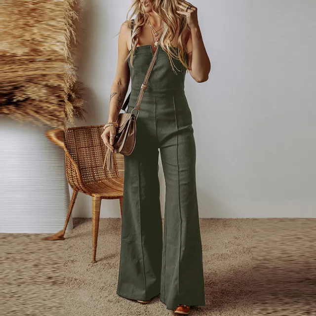 Women's Solid Color Denim Sling All match High Waist Flared Jumpsuit Green - Shop at LoveMi