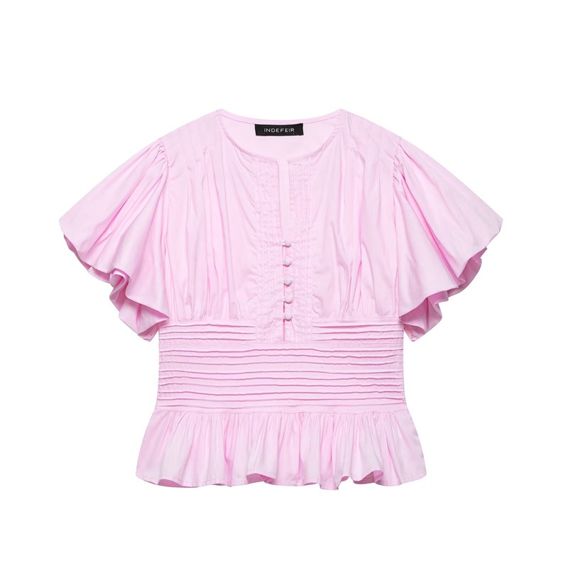 Women's ruffle blouse in blue – slim-fit sleeveless puff-sleeve elegant commute top