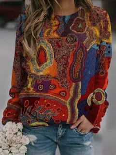 Casual Fashion Loose Ethnic Style Retro Long Sleeve Crew Neck Pullover Sweatshirt - Figure 4-Xl - View 1