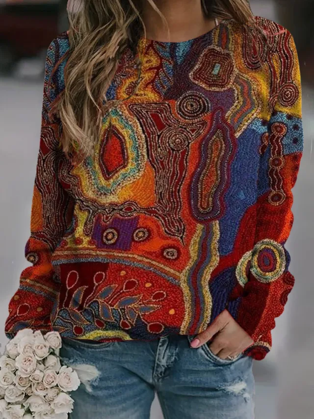 Casual Fashion Loose Ethnic Style Retro Long Sleeve Crew Neck Pullover Sweatshirt Figure 4 Xl - Shop at LoveMi