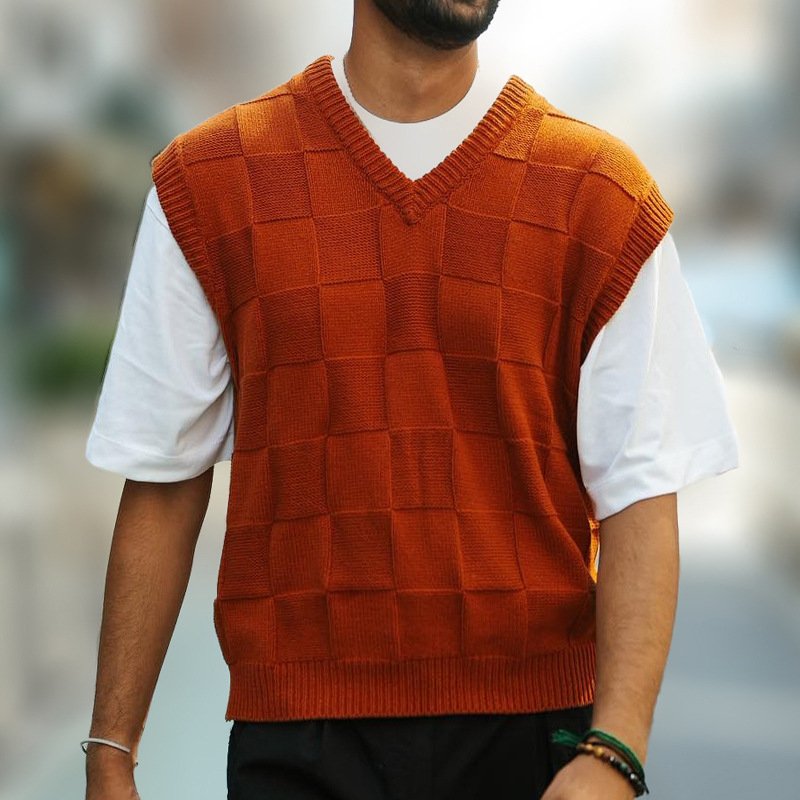 V-neck Sleeveless Plaid Knit Pullover Vest