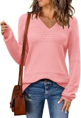 V neck Hollow out Pullover Knitted Rib Sweater Solid Color Pink - Shop at LoveMi