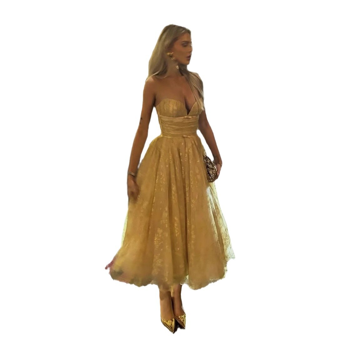 Socialite Bronzing Lace Tube Top Fishbone Mesh Puffy Dress