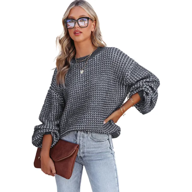 Women's Solid Color Round Neck Off shoulder Sweater Lc2722915Grey - Shop at LoveMi