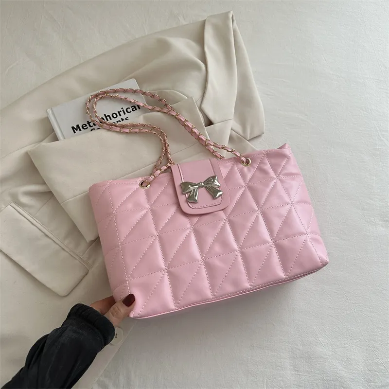 Soft Rhombus Chain Bag Large Capacity Totes - Pink