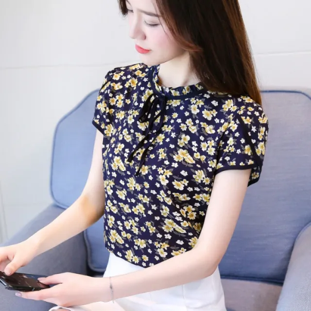 Summer Short sleeved Casual Chiffon T shirt Loose Floral Tie neck Printed Top Women's Shirt Dark Blue - Shop at LoveMi