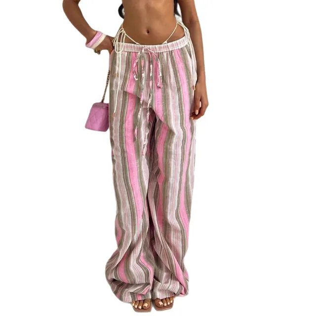 Women's Fashion Elastic Waist Striped Casual Pants Pink - Shop at LoveMi