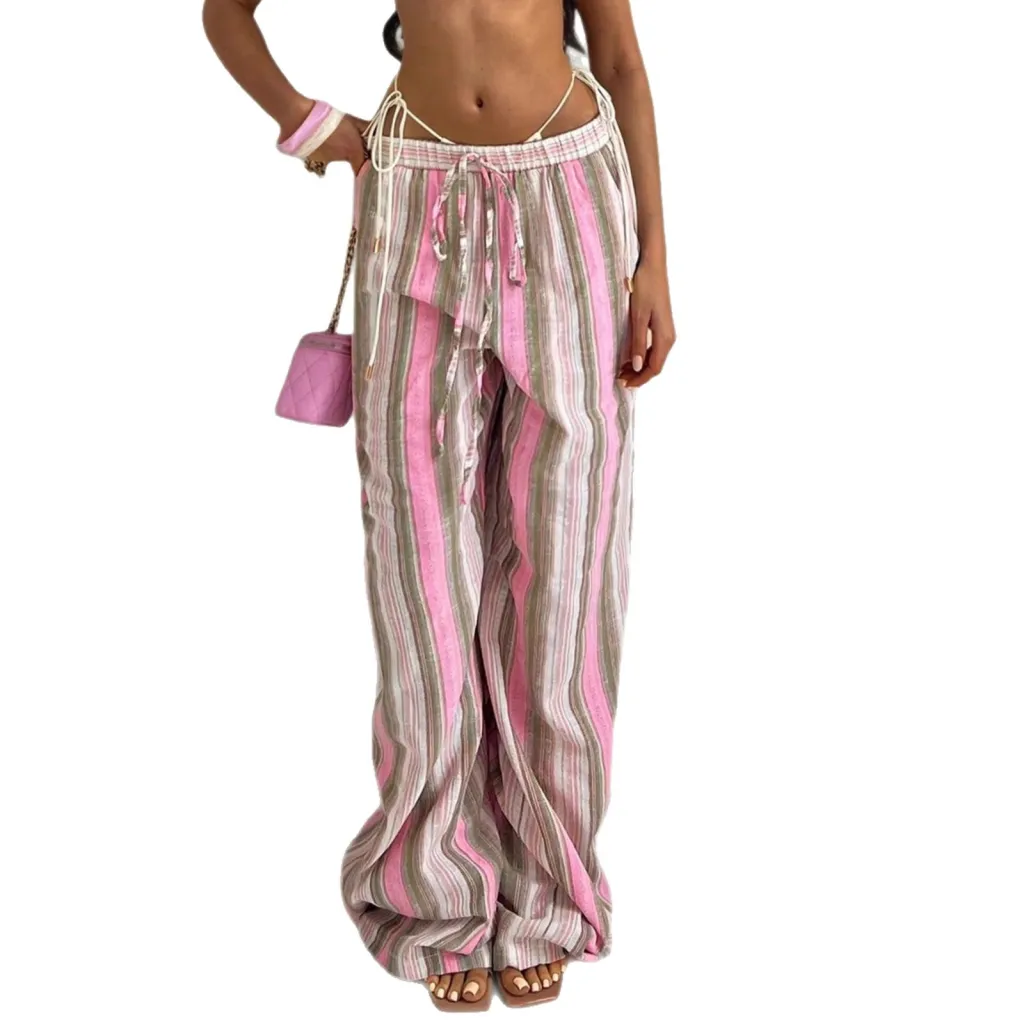 Women's Fashion Elastic Waist Striped Casual Pants - Pink