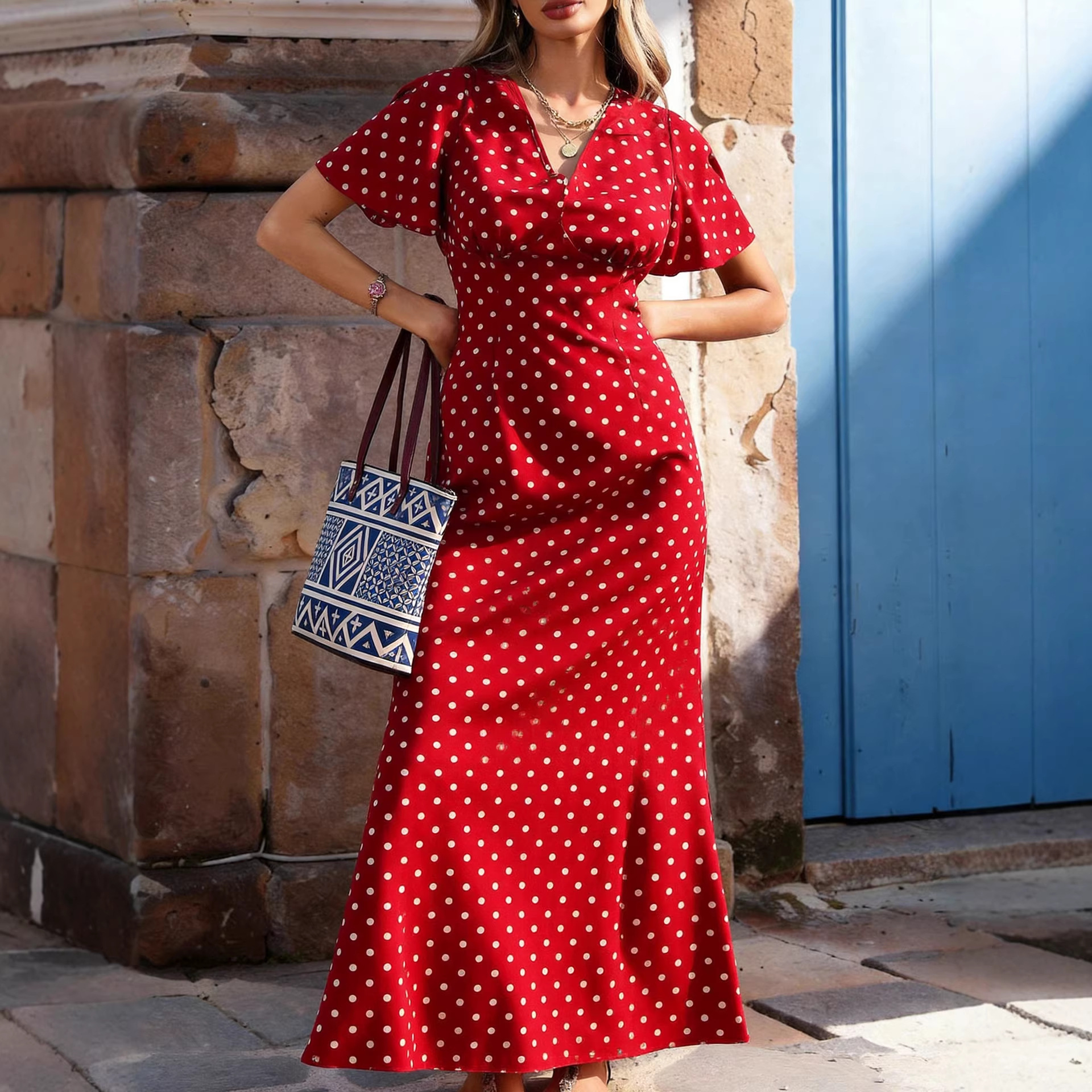 Womens Retro Polka-Dot V-Neck Dress