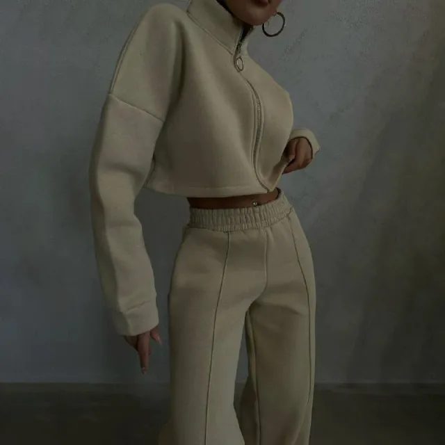 Solid Color Round Neck Pullover Long Sleeve Sweater Fashion Casual Trousers Suit Apricot - Shop at LoveMi