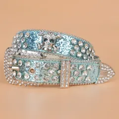 Denim Style Women's Skull Rhinestone Belt - Blue - View 1