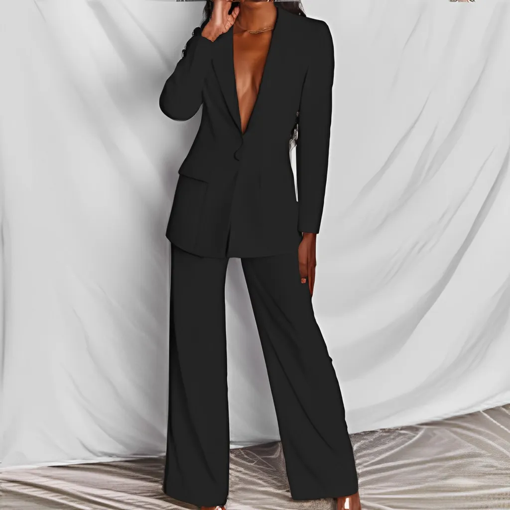 Set Spring Elegant Solid Long Sleeve Blazer Suit And Pants For Women Autumn Classic OL Street Outfit - Black