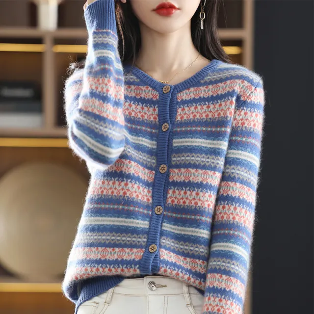 Women's Knitted Cardigan Mixed Color Stripe Contrast Color Jacquard Soft Glutinous Sweater Coat Blue - Shop at LoveMi