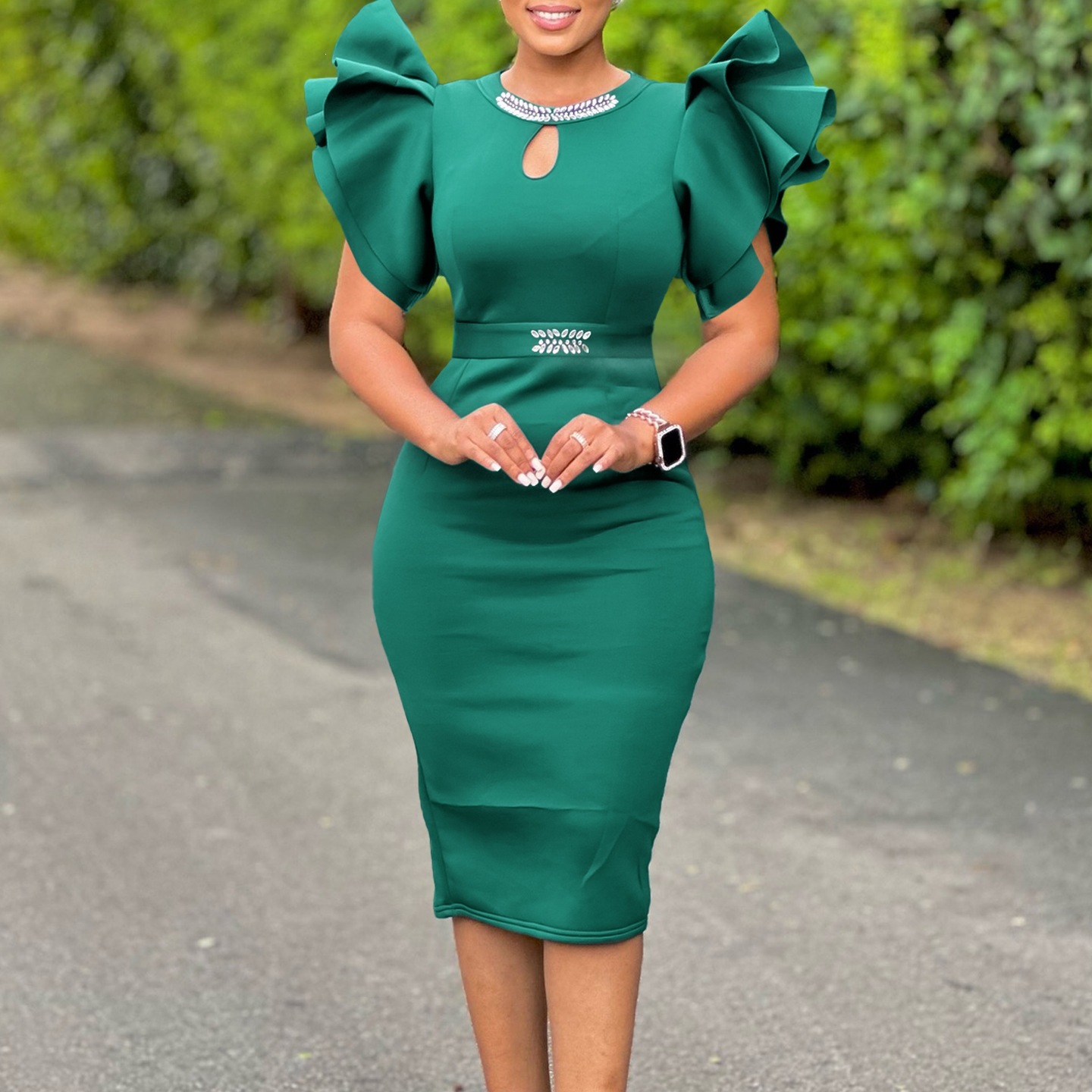 Summer Crew-neck Ruffled-sleeve Rhinestone-embellished Sheath Dress
