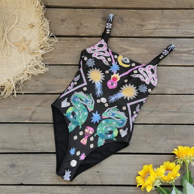 Backless Print One piece Swimsuit For Women Black - Shop at LoveMi