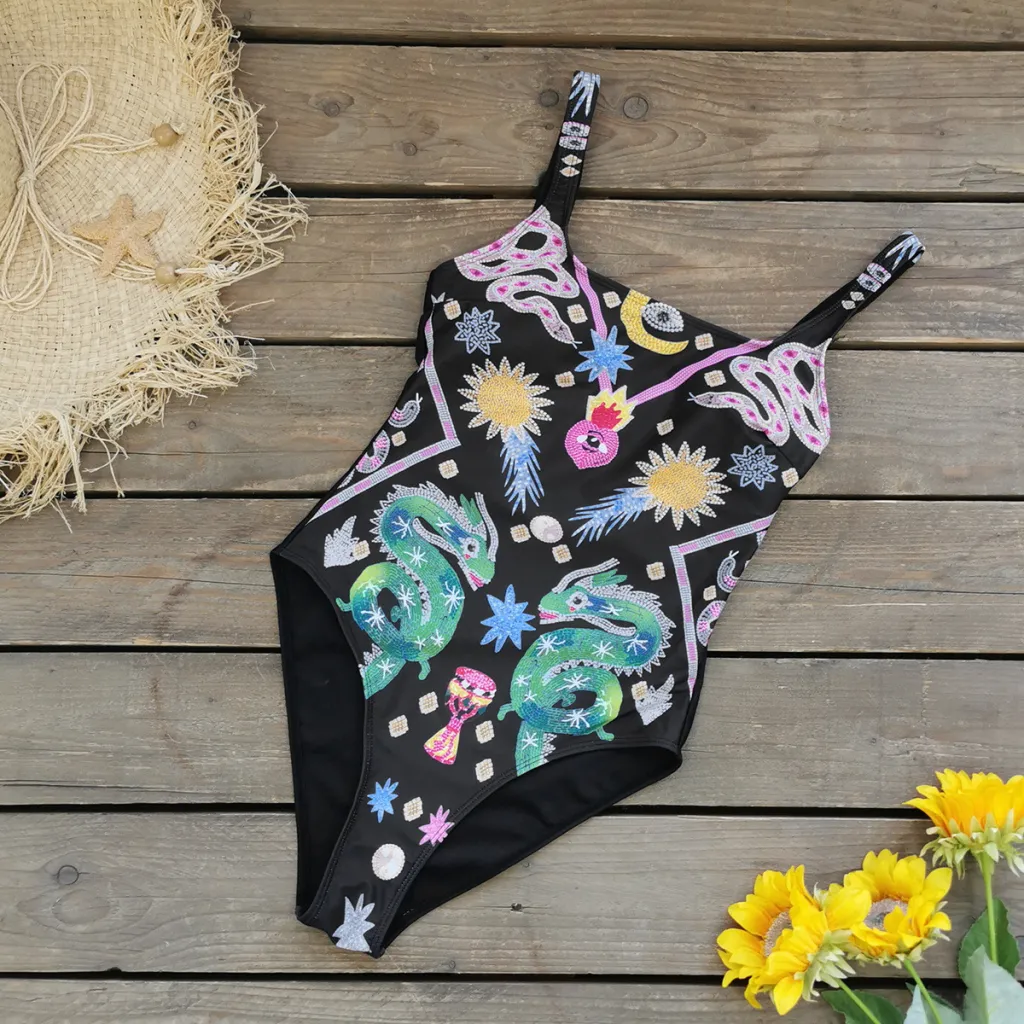 Backless Print One-piece Swimsuit For Women - Black