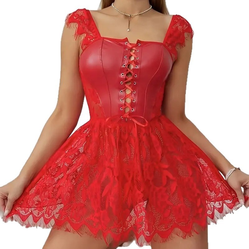 PU Motorcycle-style Patent Leather Lace-up Drawstring-spliced Lace Dress