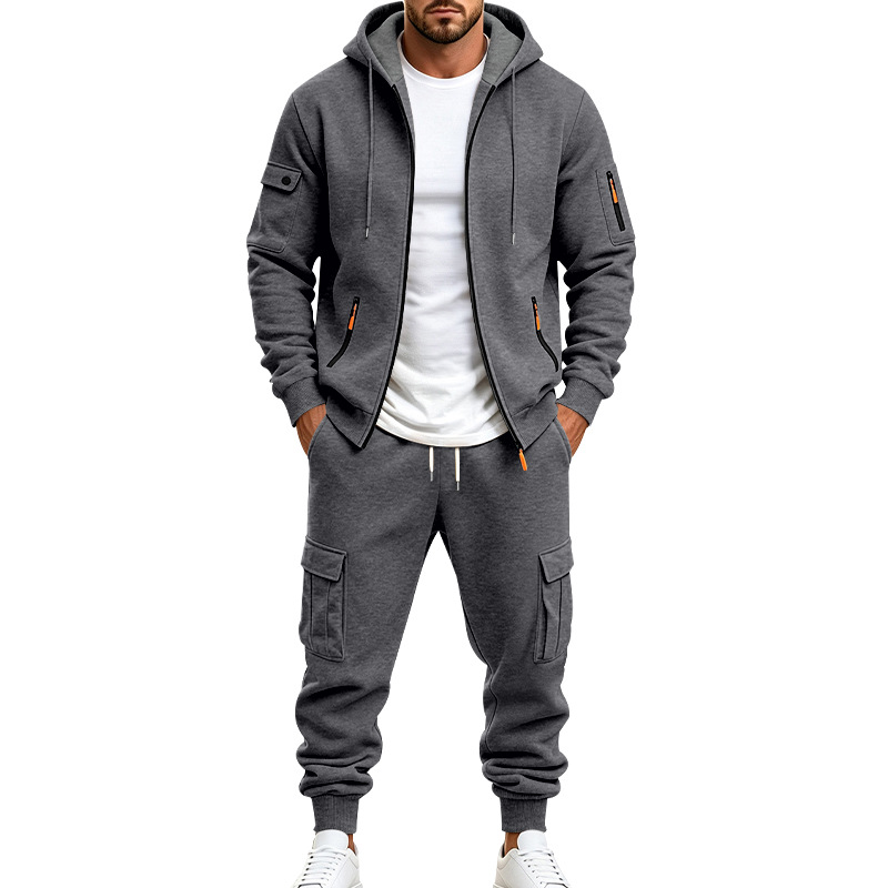 Mens Fleece-lined Loose-fit Casual Hoodie And Pants Set